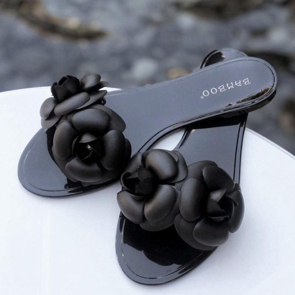 NEW Black Camellia Flower Jelly Beach Slip On Slides Sandal Slippers Flats Shoes